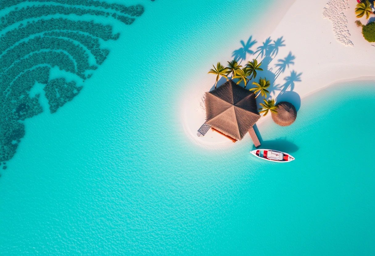 Aerial view of beach bar on white sand with turquoise water