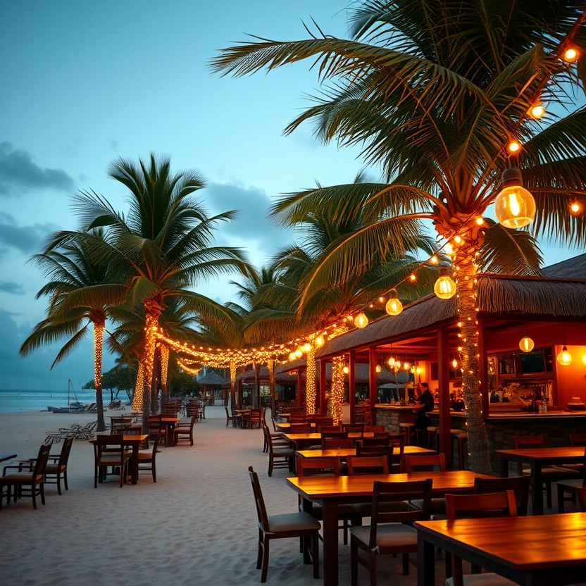 Beach bar at dusk illuminated by warm string lights between palms