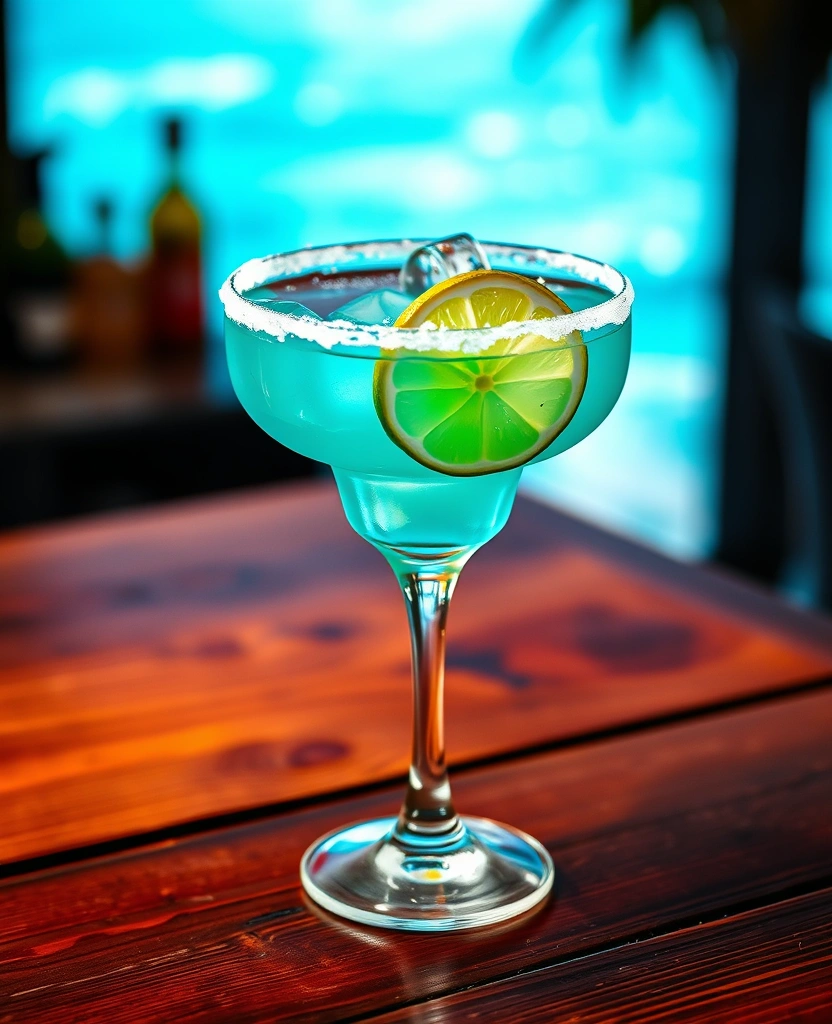 Caribbean Blue Margarita with salt rim and lime