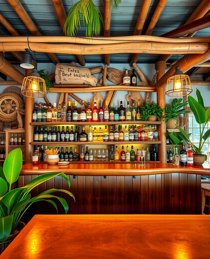 Handcrafted beach bar interior with bamboo decor and rum collection