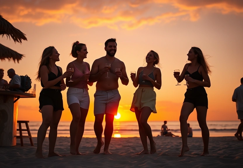 Friends toasting cocktails at the beach bar during golden sunset