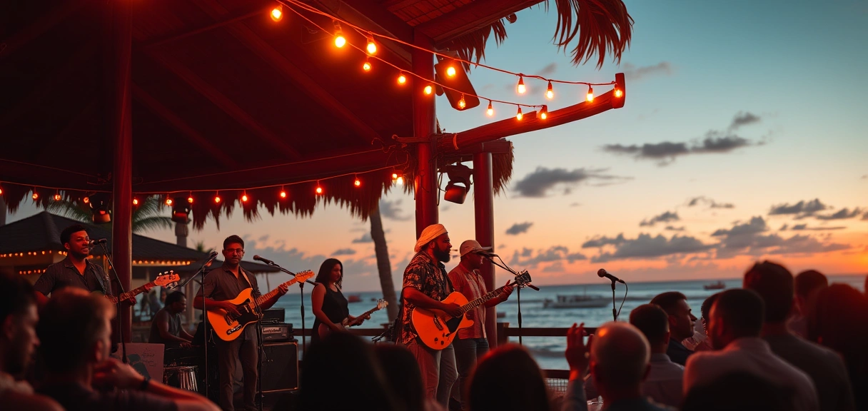 Live reggae band performing at sunset beach bar with string lights