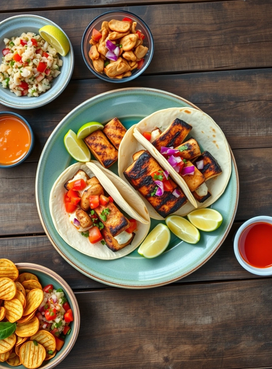Caribbean seafood platter with grilled fish tacos and fresh ceviche