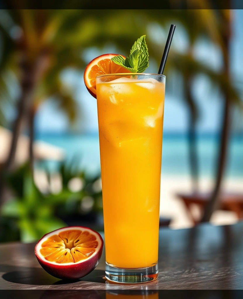 Passion Fruit Mojito with fresh fruit garnish