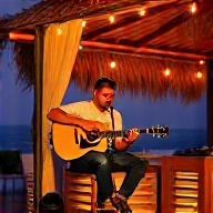 Acoustic guitarist performing at intimate beach bar stage