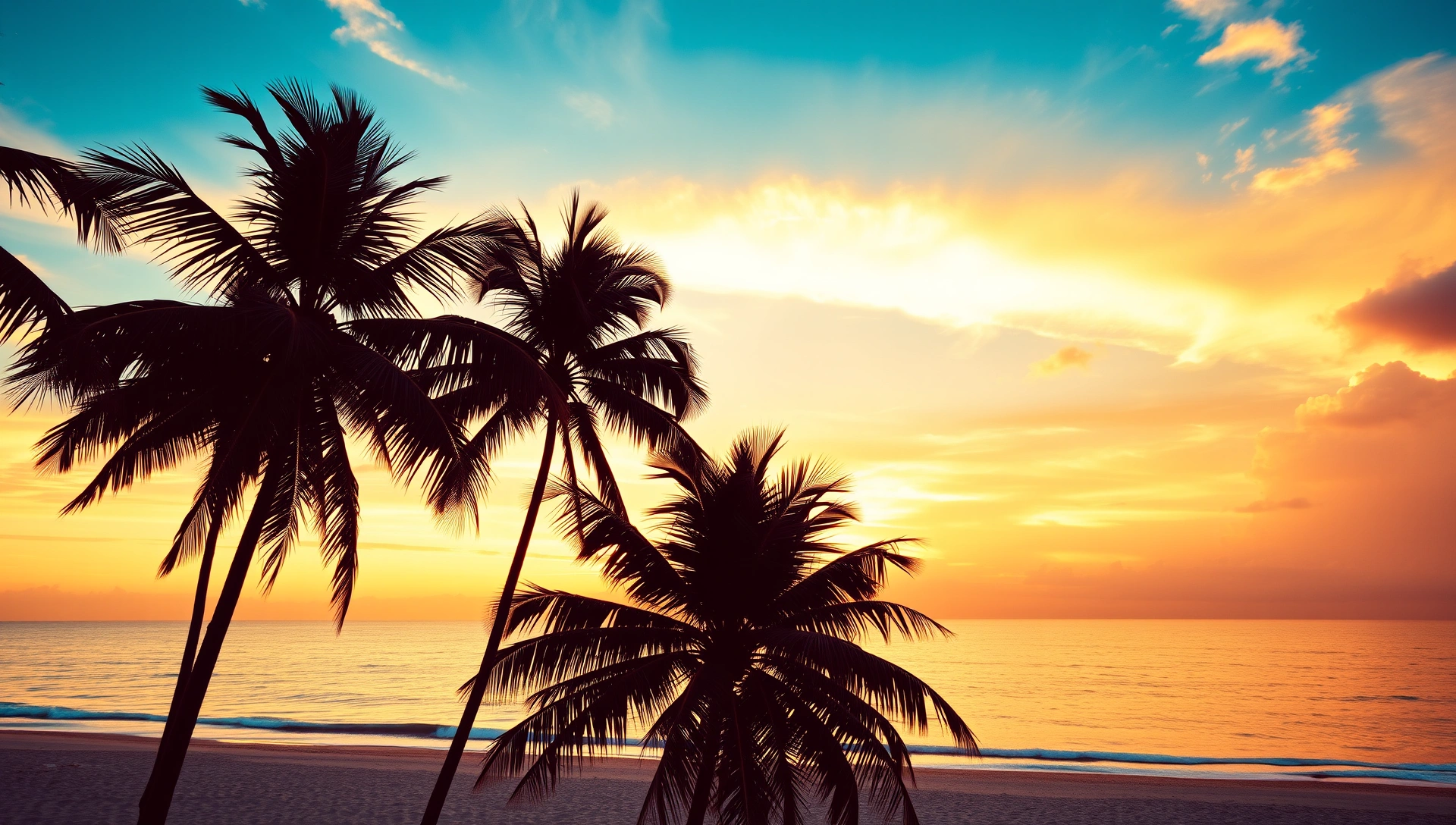 Caribbean sunset with palm silhouettes and turquoise ocean at golden hour