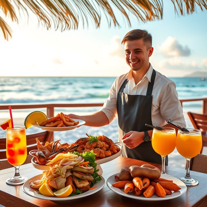 Fresh Caribbean dishes being served at oceanside table